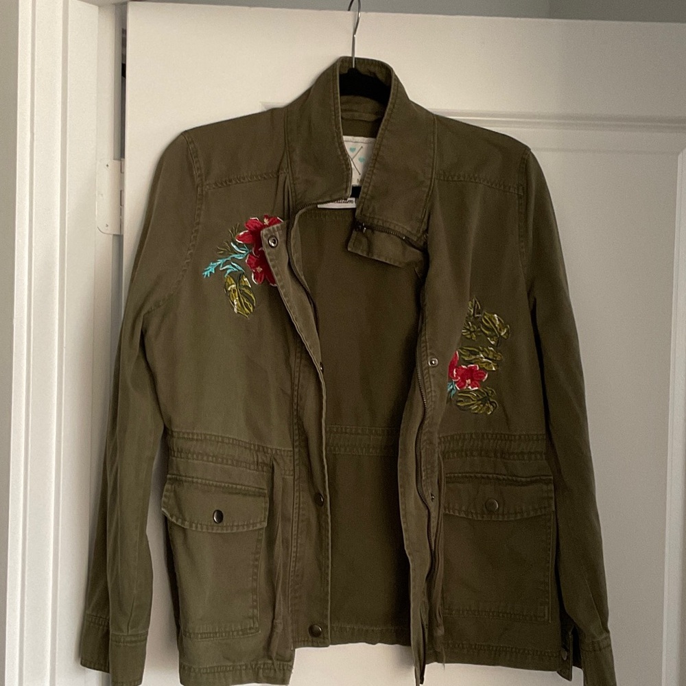 Olive Green Jacket with Floral Embroidery